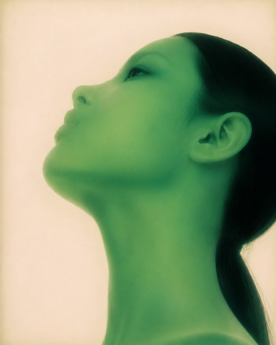 Profile, lips parted, breathing through the mouth