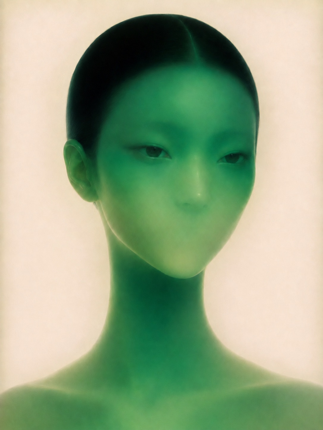 Face at rest, lips closed, breathing through the nose